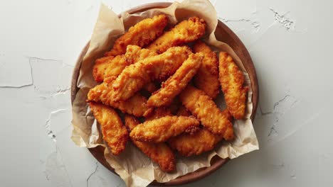 Tiras-De-Pollo-Frito-Crujientes-Sobre-Plato-De-Madera-Con-Fondo-Blanco