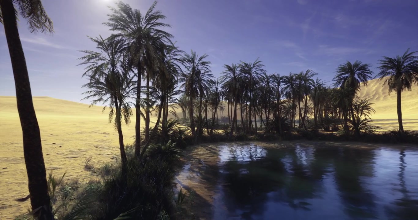 Mystical evening at oasis with reflected water and silhouettes