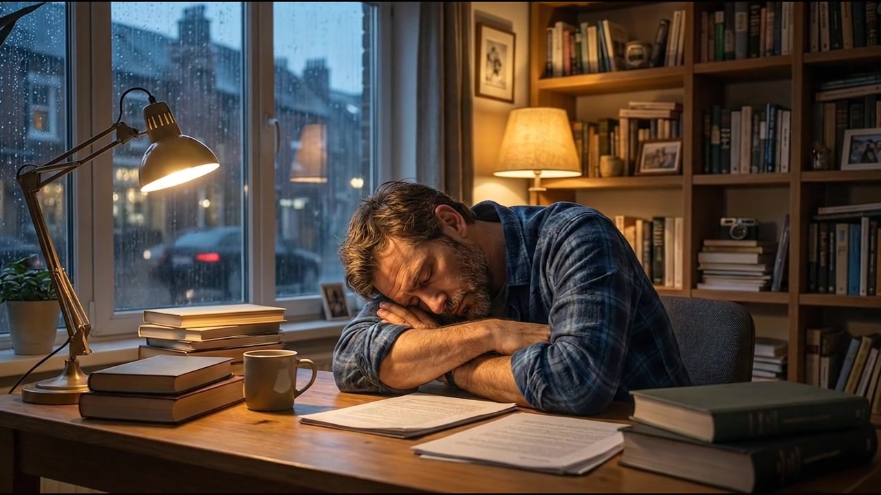 Impiegato esausto che dorme alla scrivania dopo una lunga giornata di lavoro
