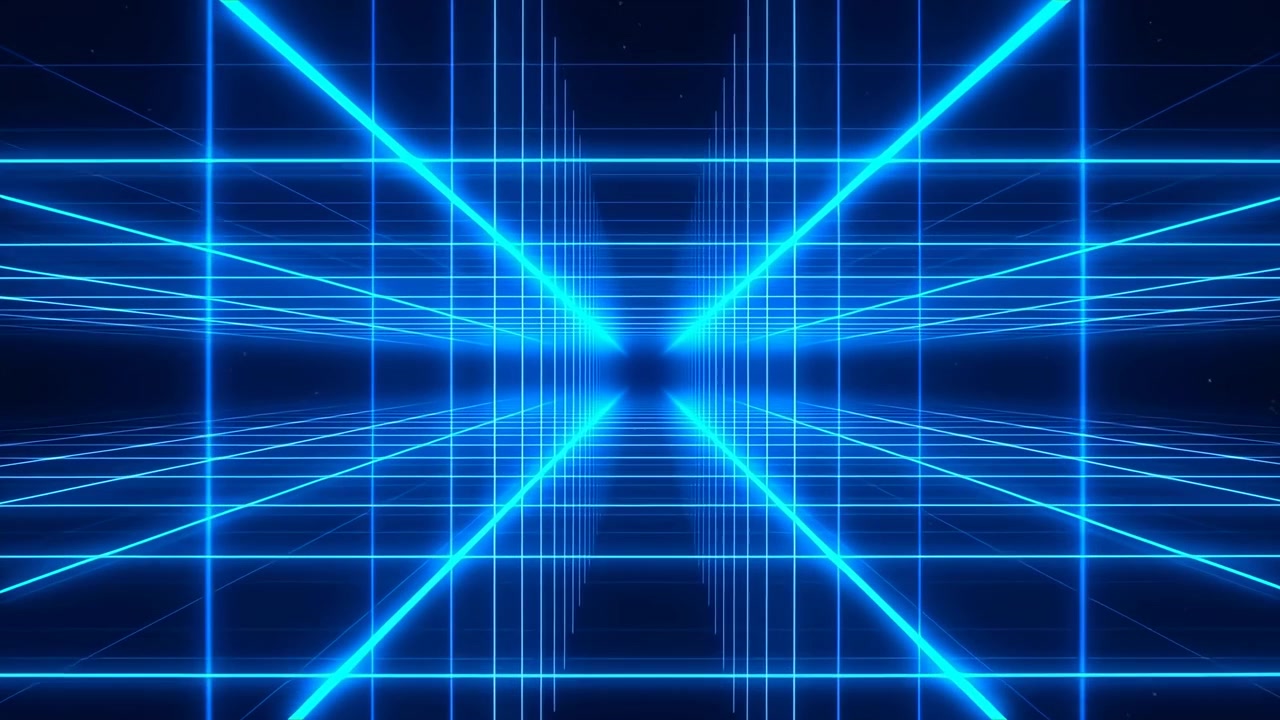 Scena astratta futuristica con raggi neon blu, linee di griglia intersecanti e un punto di fuga centrale scuro che crea una forte profondità, movimento e un'atmosfera high-tech.