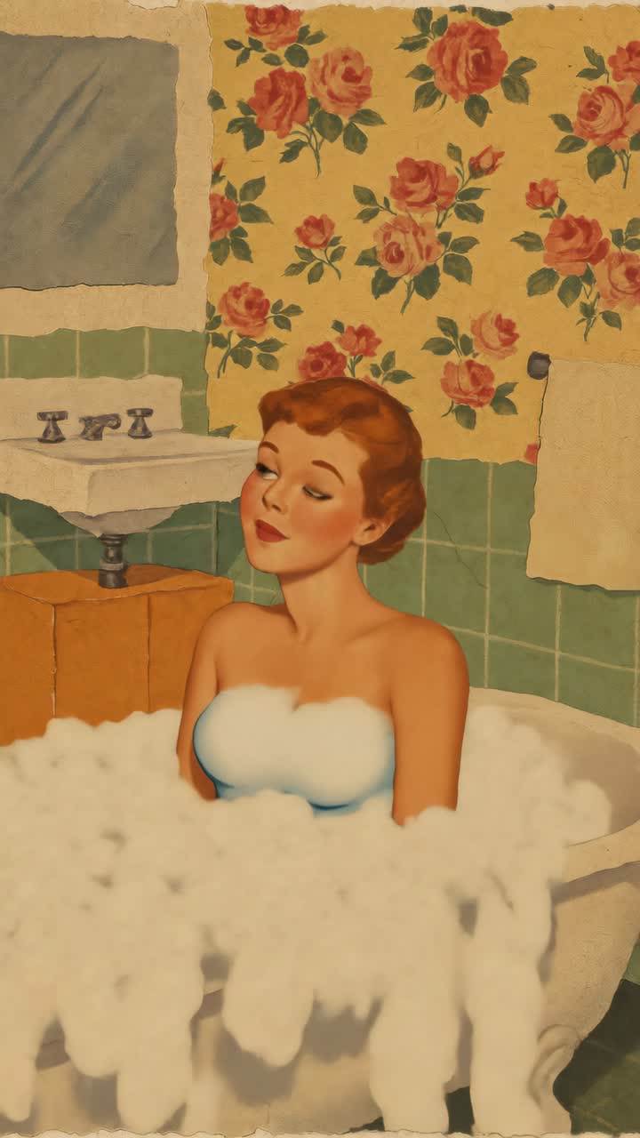 Retro-style video still of a woman in a bubble bath, shot from a side angle