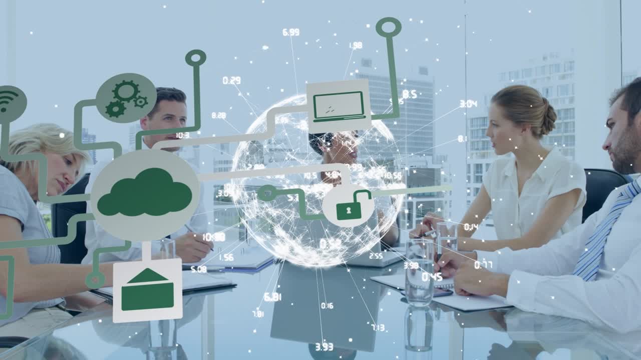 Animation of network of connections and globe over diverse business people