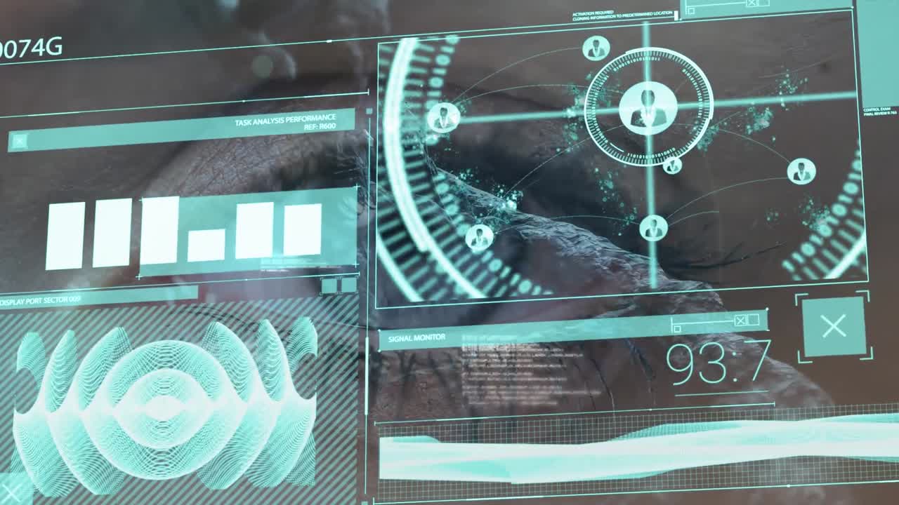 Animation of technology icons over screens with biological data on background with female eye