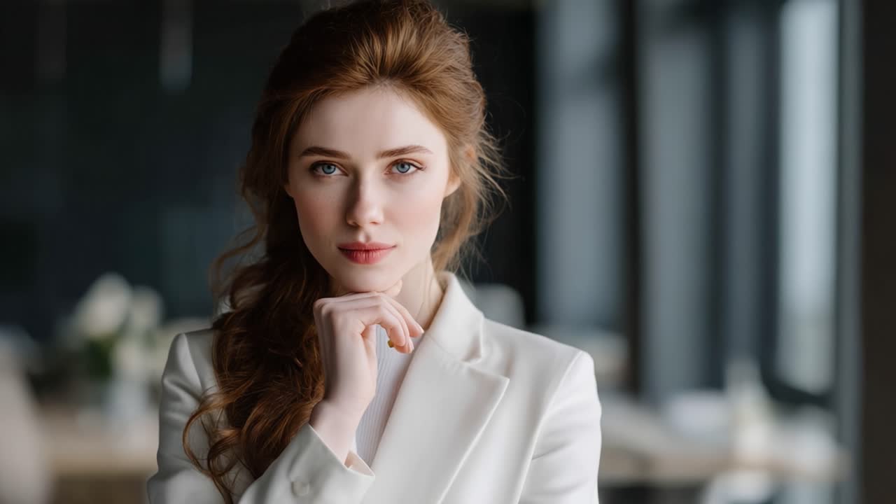 A Confident Young Woman in a Stylish White Blazer Posing Thoughtfully with a Soft Expression, Perfectly Captured in an Elegant Indoor Environment