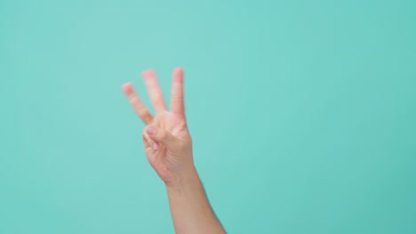 손가락으로 1부터 5까지 숫자를 세는 손짓을 하는 인간 손의 근접 촬영. 손바닥 손을 사용하여 세마포르 또는 표시를 만드는 사람. 배경에 고립 된 파란 화면에서 볼 수 있습니다.