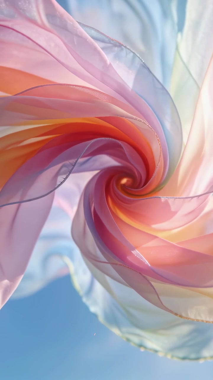 Video verticale: Chiffon color pastello che inizia a torcersi per il vento, ruotando e dispiegandosi contro il cielo blu