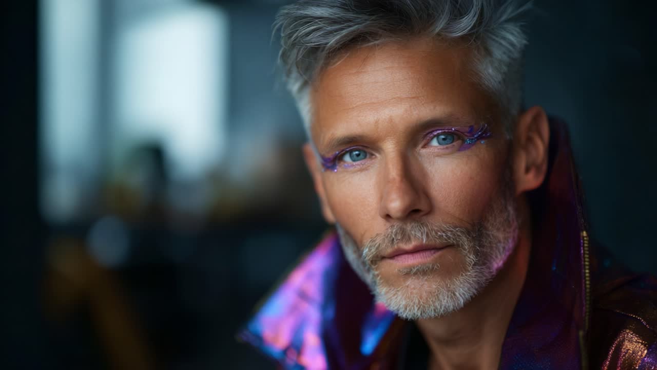 Et slående portræt af en stilfuld mand med sølvfarvet hår og markant øjenmakeup, der viser en moderne æstetik og et selvsikkert udtryk i en stemningsfuld og kunstnerisk setting