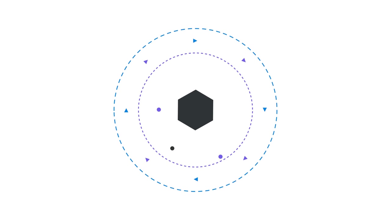 Abstract Motion Graphic of Orbiting Particles Around a Hexagon