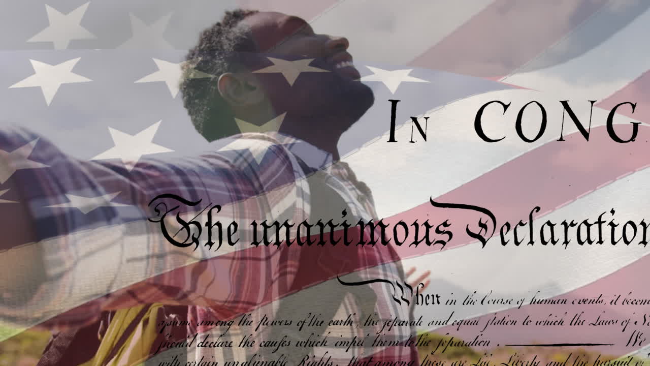 Animation of american flag and constitution text over happy african american man