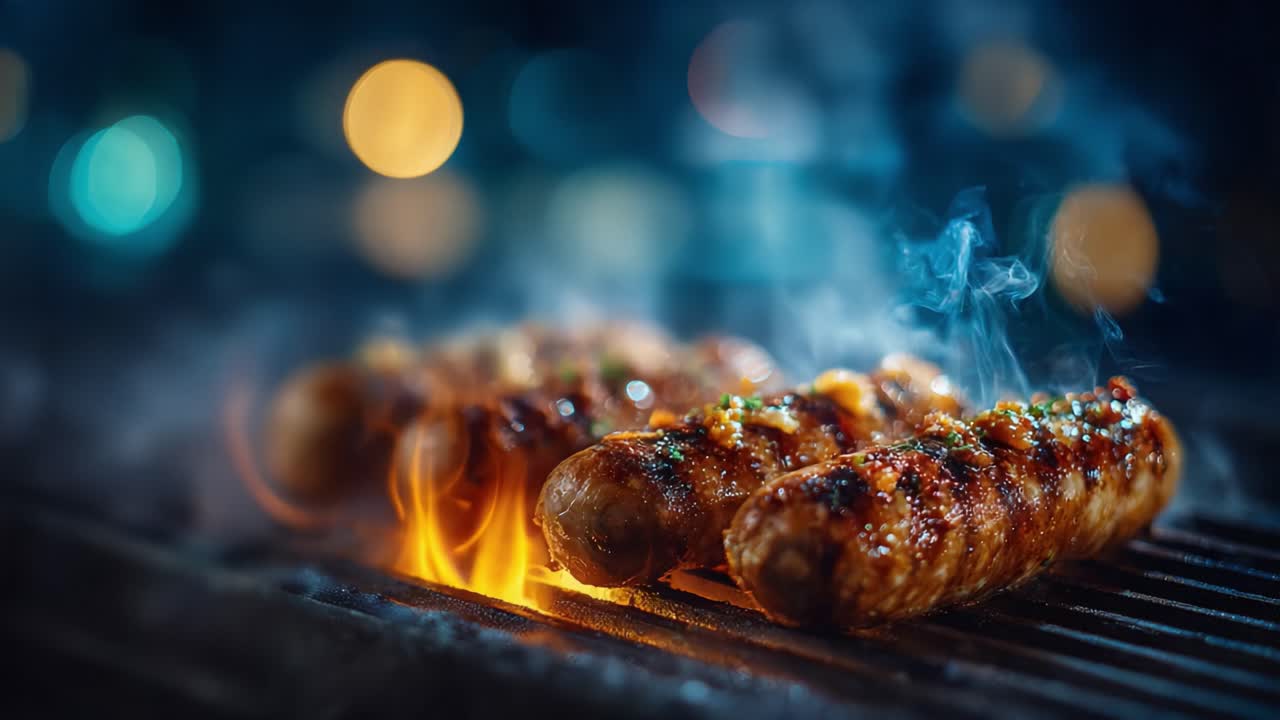 Salsicce grigliate che sfrigolano su fiamma viva con fumo intenso e sfondo bokeh colorato, catturando l'essenza della cucina all'aperto e delle delizie del barbecue.