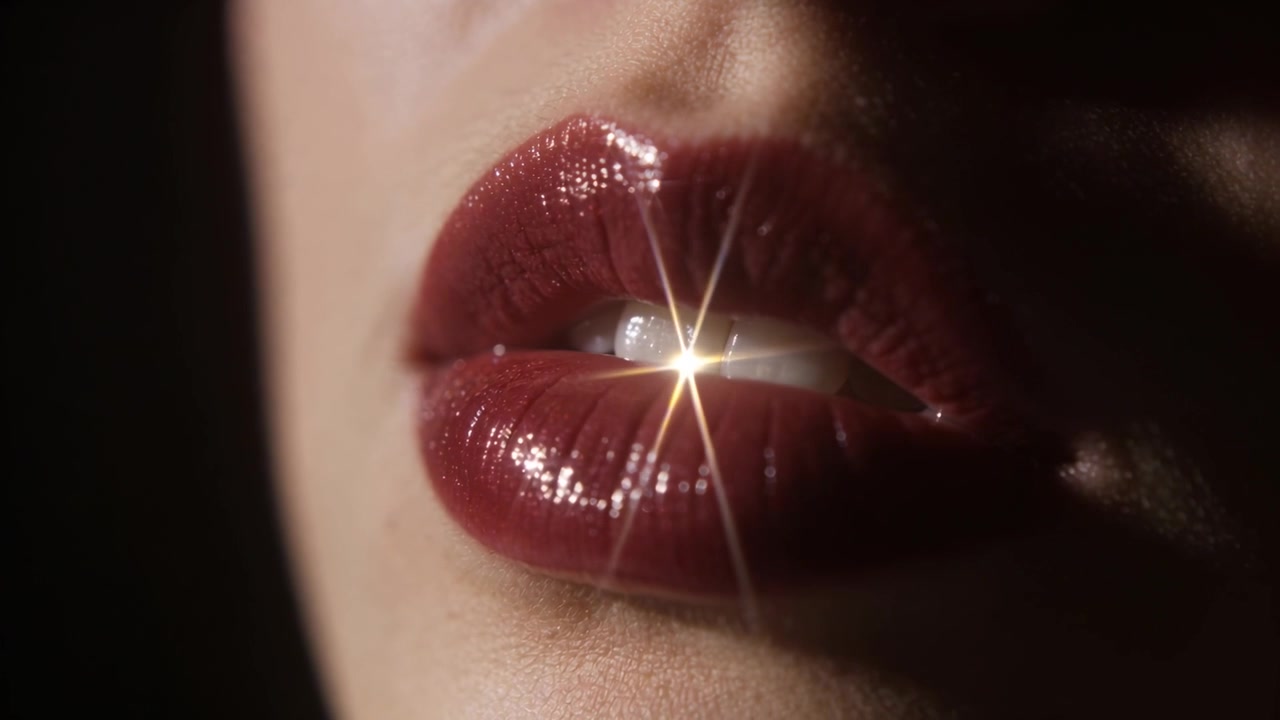 Lumière en étoile scintillante sur une dent de devant, faisant lever et fermer la bouche en studio pour une publicité, avec du rouge à lèvres.