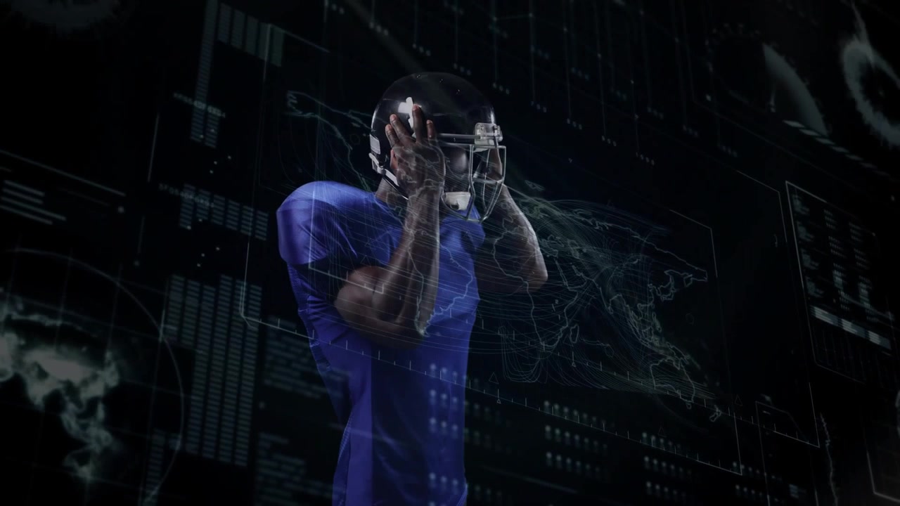 Football player lifting helmet and donning while holograms shifting behind for simulation training