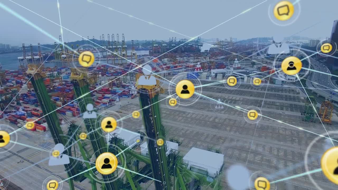 animación de la red de conexiones con iconos sobre el astillero en el fondo