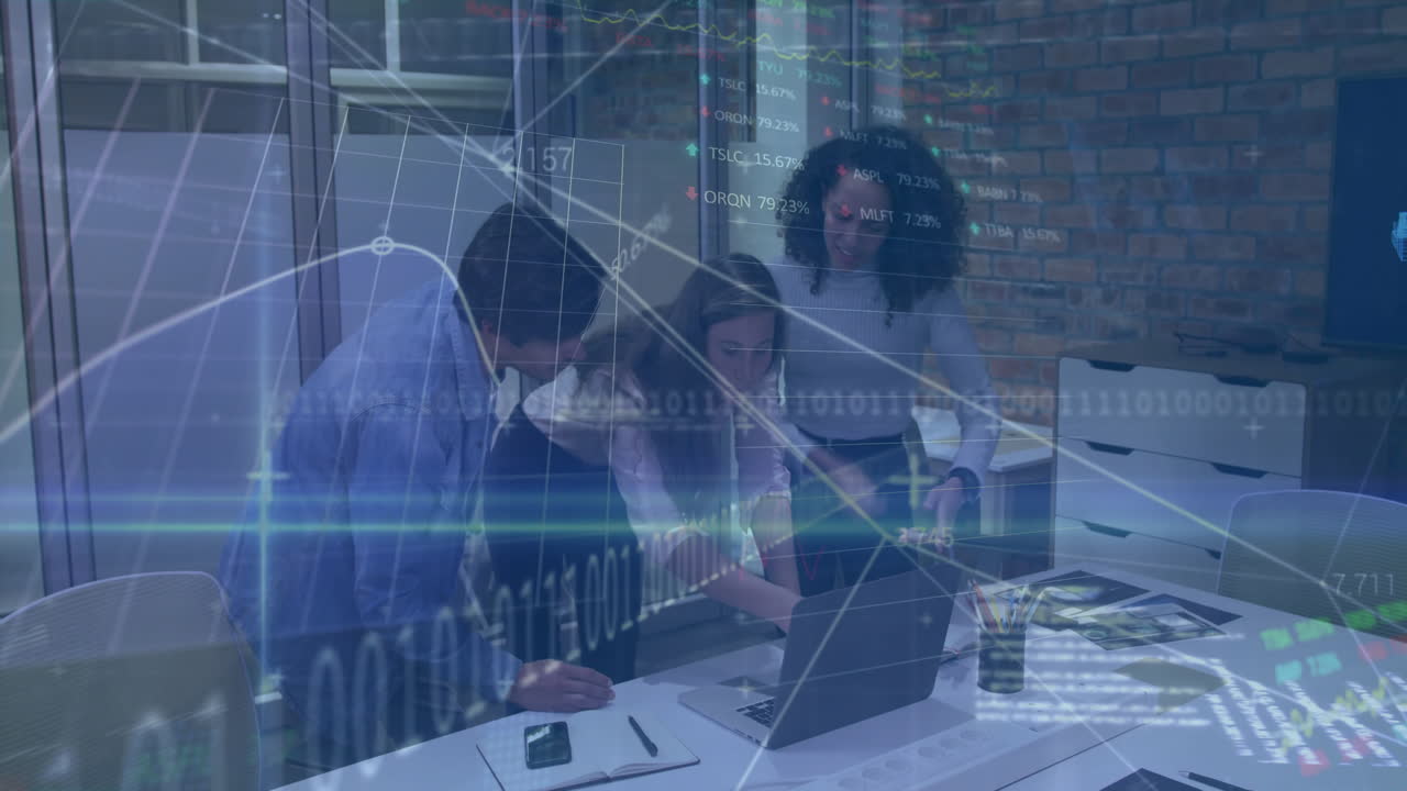 Business team collaborating at desk with financial data processing animation overlay