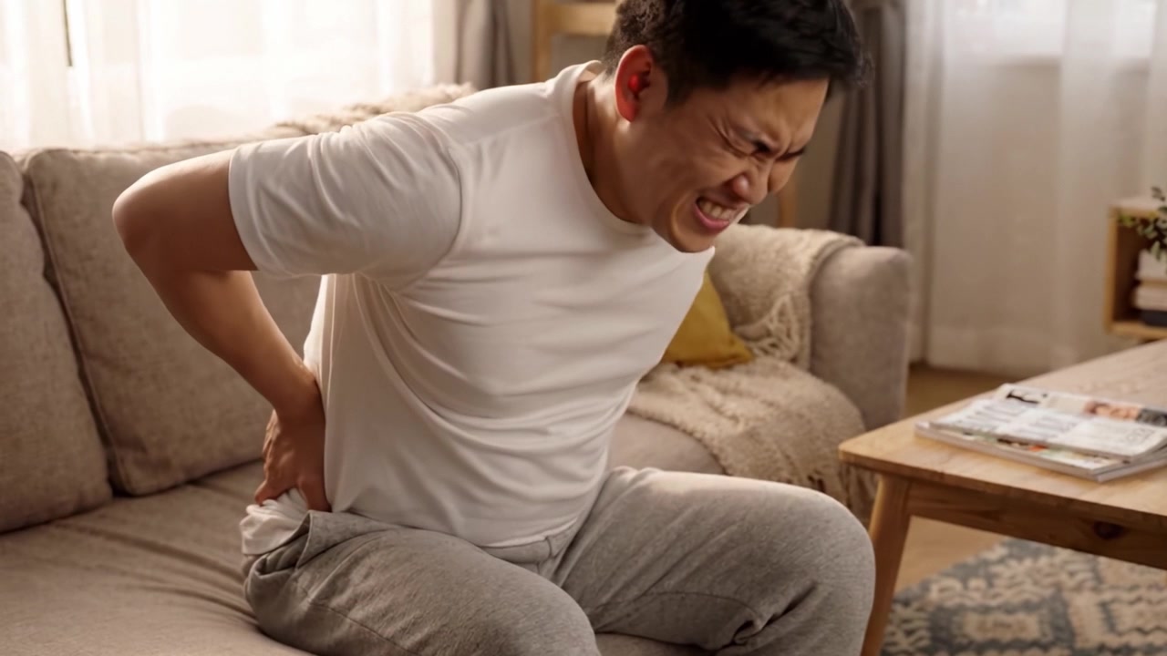 A Man Experiencing Intense Discomfort from Back Pain While Sitting on a Couch in Brightly Lit Living Room, Capturing the Emotional Toll of Pain Management