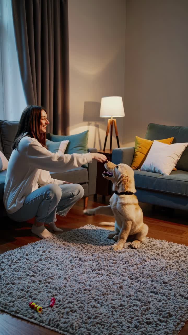 En koselig stuescene med en kvinne og hund, fanget i øyehøyde
