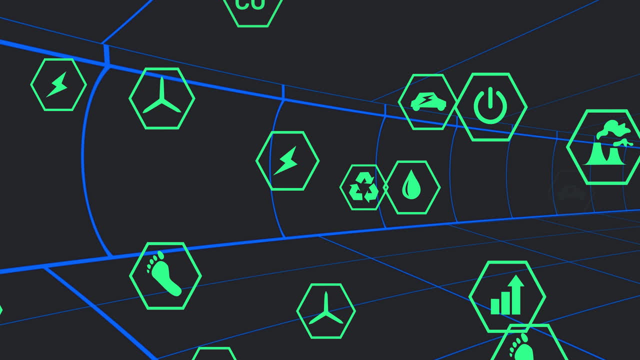 Animation of green energy icons floating in futuristic grid environment