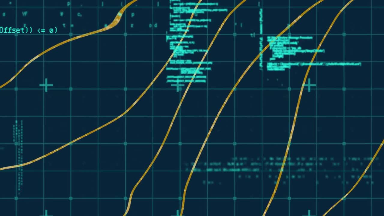 Animation of lines over grid pattern against computer language on black background