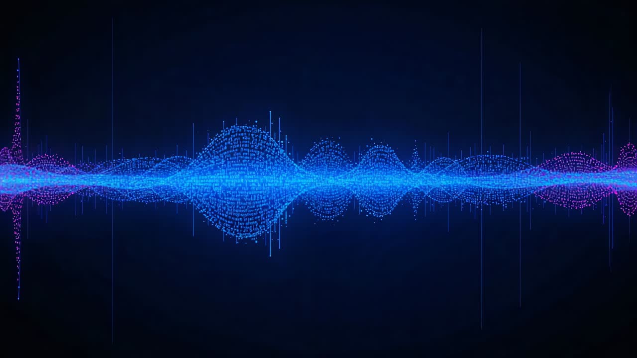 Reacting to audio input, particle waveform pulsing across navy backdrop, cyan-magenta midline bars