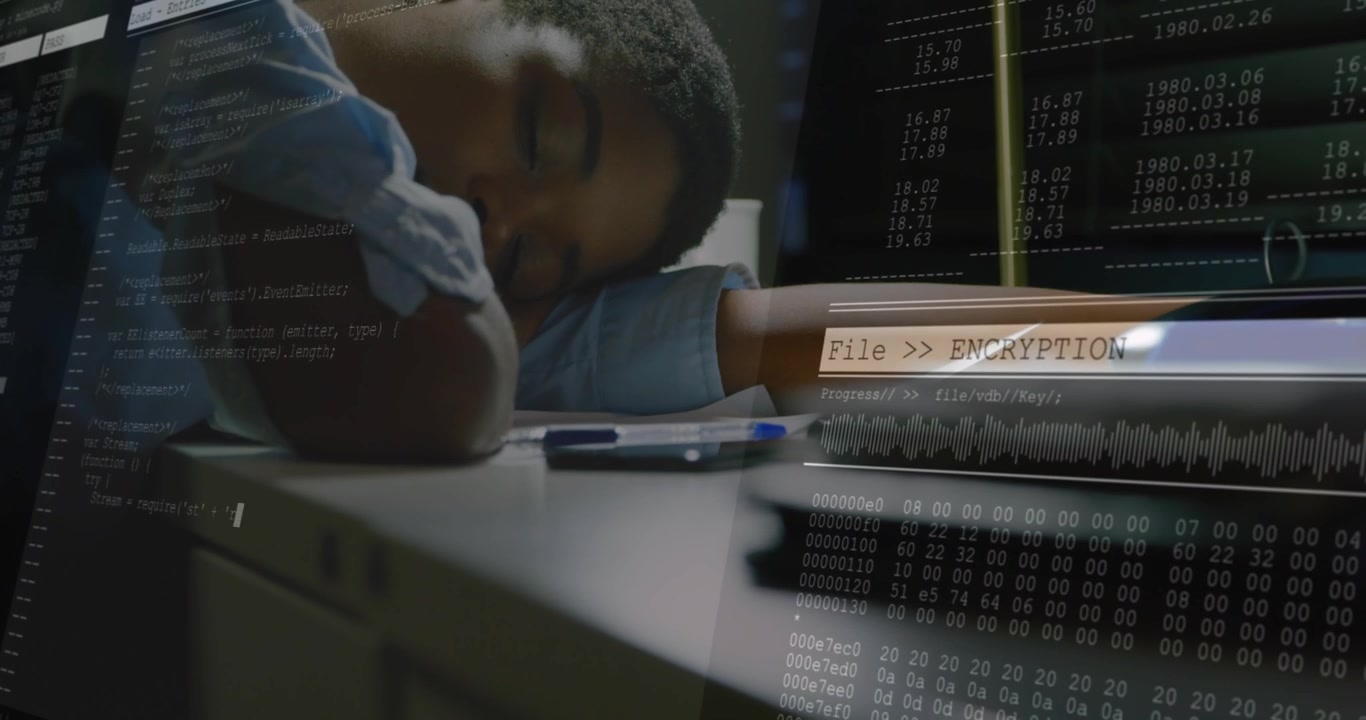 User resting on desk encryption starting and projecting code overlaying desk and face securing data