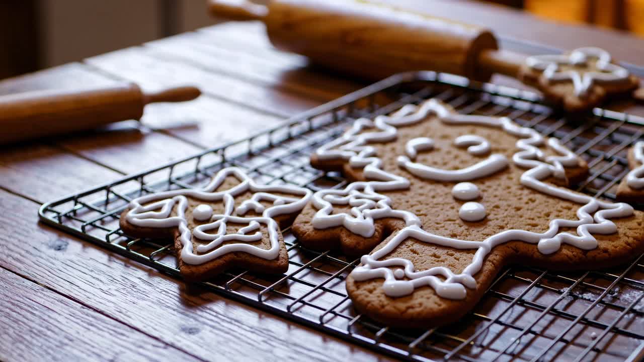 Close-up, eye-level view of decorated gingerbread cookies on a cooling rack, with rolling pins