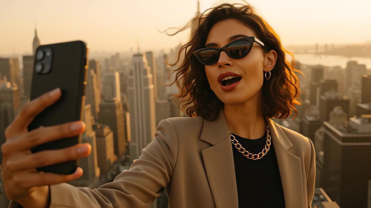 Imagens em close-up de uma jovem elegante de óculos de sol gravando um vídeo selfie num terraço, com arranha-céus modernos e a luz quente do pôr do sol ao fundo