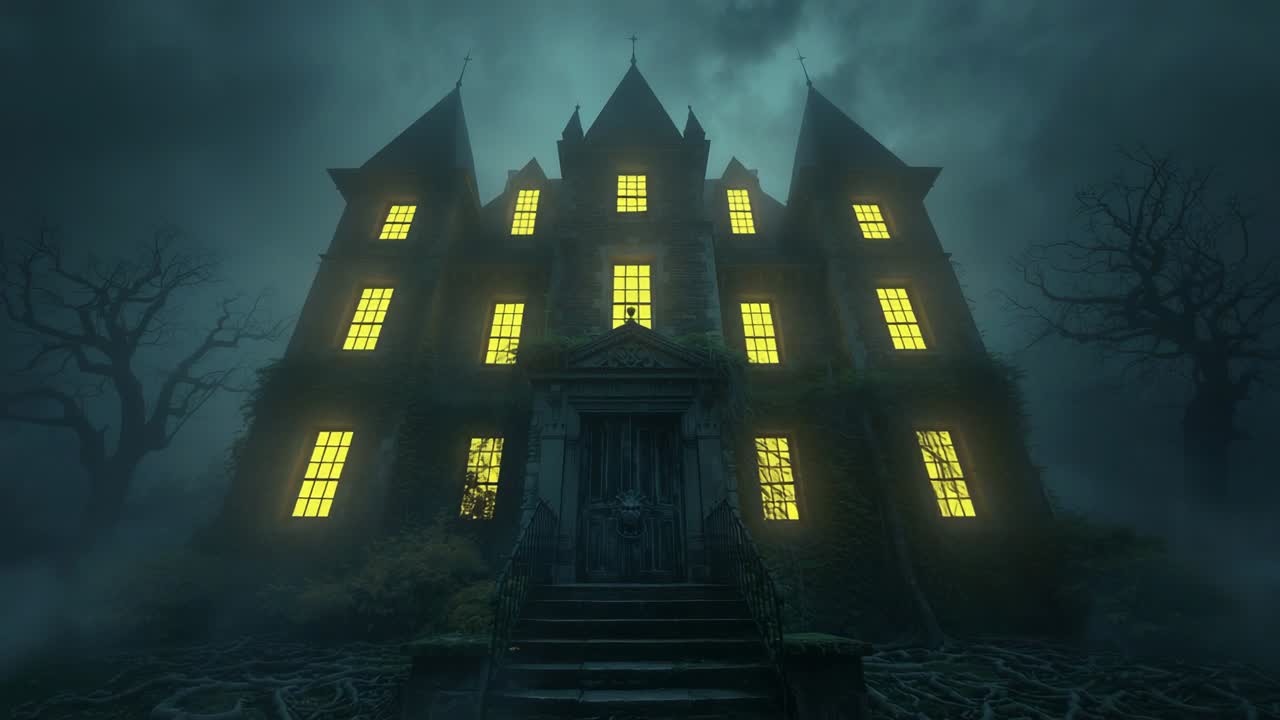 Opening shot showing gothic mansion windows lighting up one by one in fog, with twisted roots