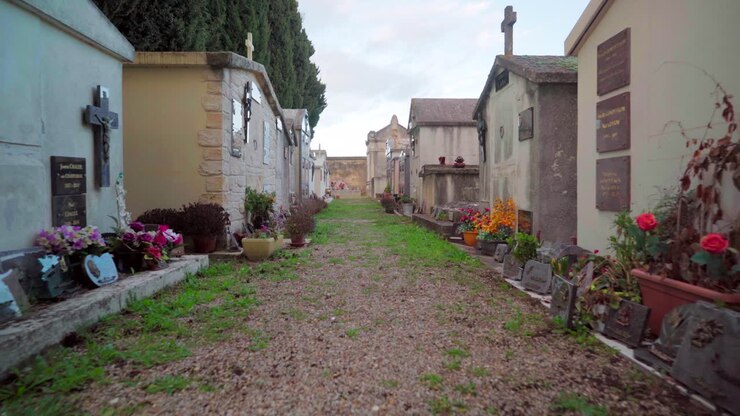 Camminando lungo un viale di un cimitero, cimitero tranquillo e vuoto, con tombe, sepolcri e fiori in una giornata di sole.
