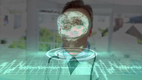 animación del cerebro digital sobre el círculo y el cardiograma sobre el retrato de un médico caucásico sonriente