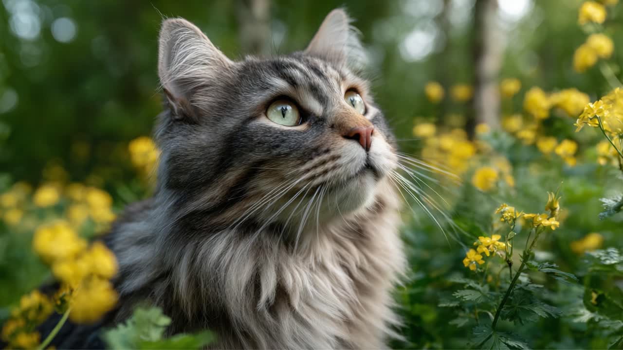 A Majestic Feline Gazes Freely Amidst Vibrant Yellow Flowers in a Lush Natural Setting, Capturing the Essence of Cat Beauty and Wilderness