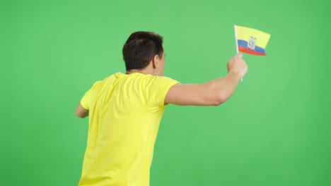 Rear view of a man waving a ecuadorian pennant