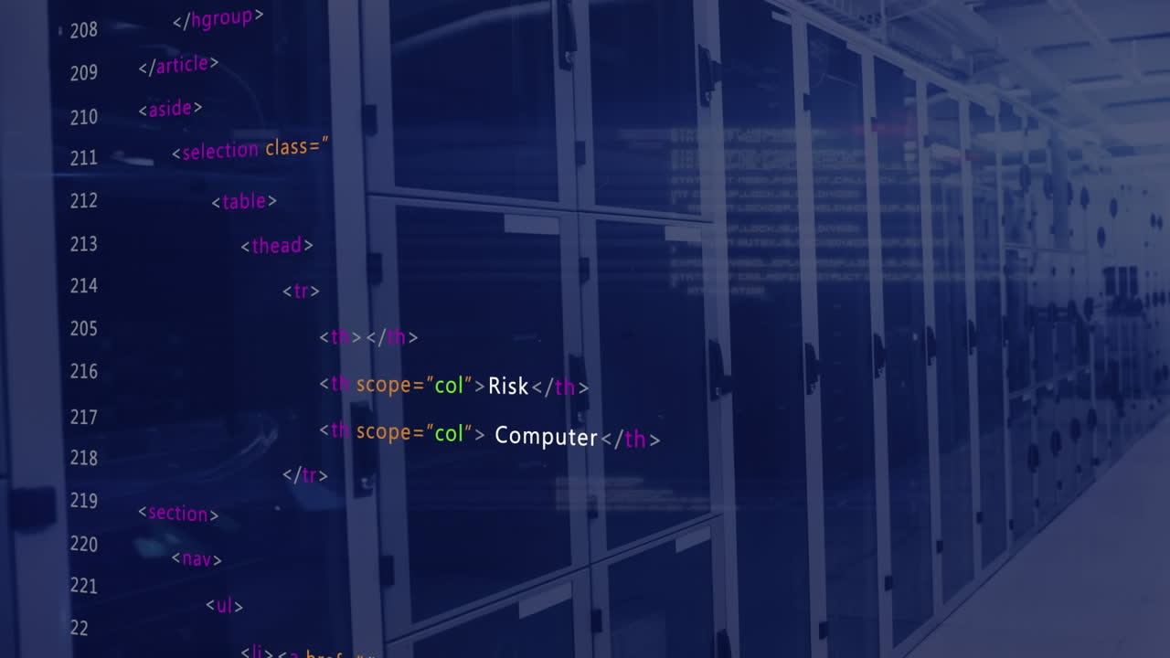 Animazione di elaborazione dati e punti luce, sullo sfondo di una sala server di computer.