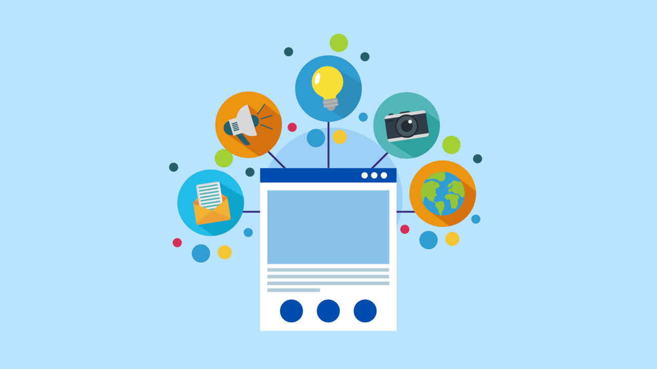 소셜 미디어 마케팅 애니메이션을 가진 웹 페이지 템플릿