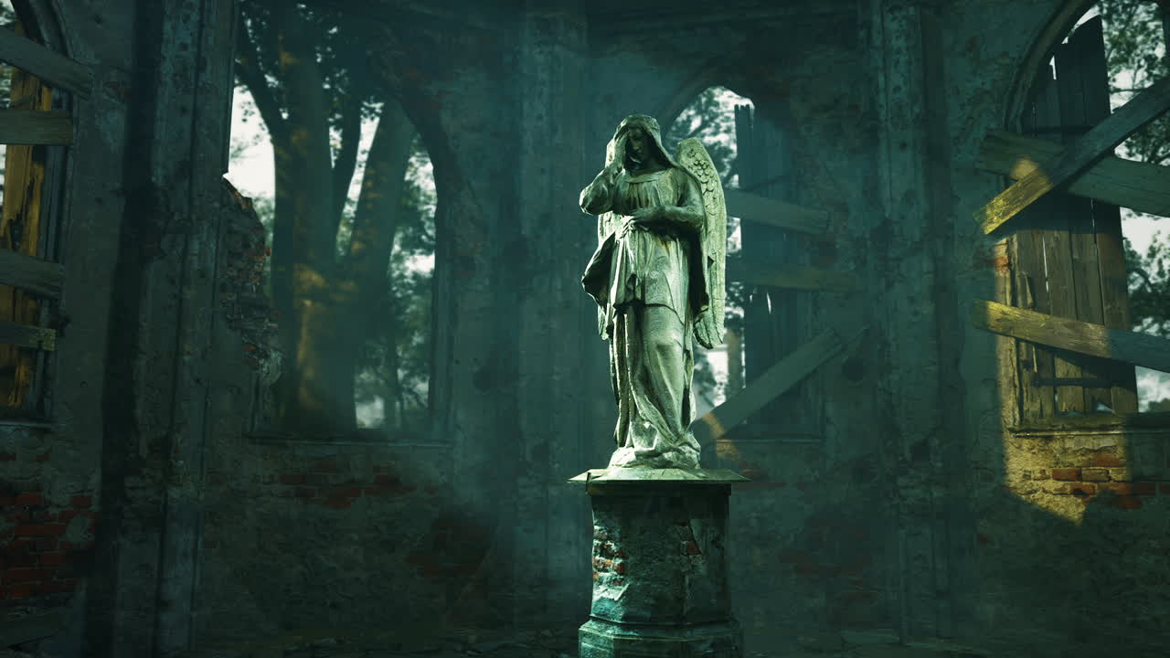 폐허 가 된 교회 에 있는 천사 동상