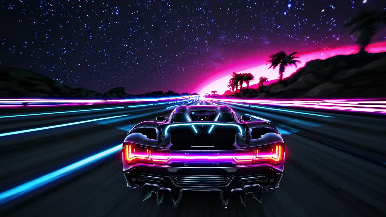 Futuristic video concept with a neon-lit car racing under a starry sky