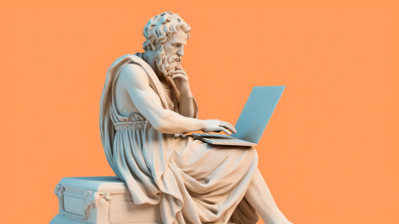 A statue of a philosopher using a laptop, shot from a side angle