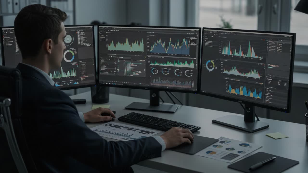 A Focused Analyst Examining Data Visualizations on Multiple Monitors in a Modern Workspace, Highlighting Insights and Trends from Complex Datasets