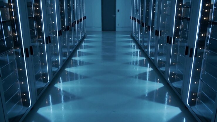 Shifting central aisle in server room casting LED triangles from pulsing rack LEDs, showing status