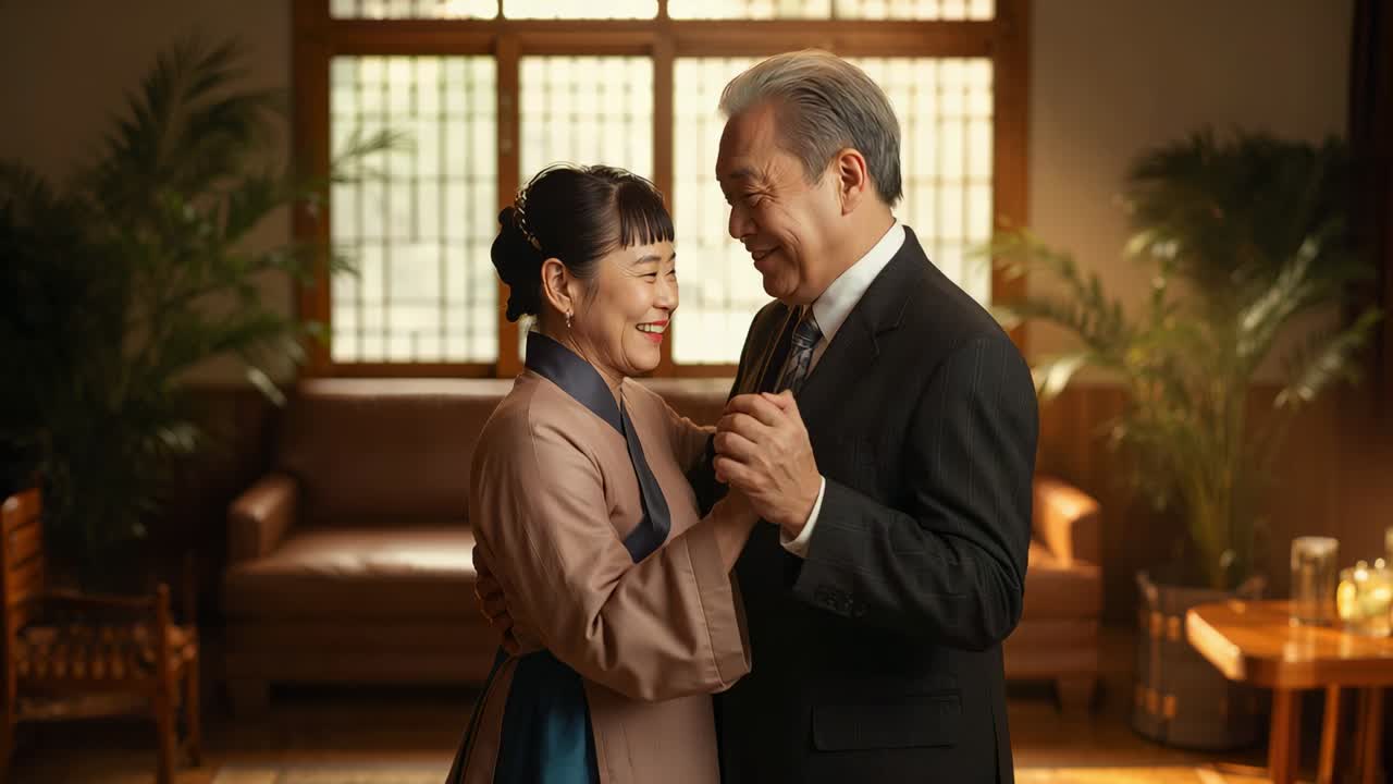 ภาพคู่รักชาวเอเชียวัยกลางคนจับมือกัน โยกตัวในห้องนั่งเล่นที่อบอุ่น แบ่งปันช่วงเวลาที่เงียบสงบในชุดฮันบกและชุดสูท