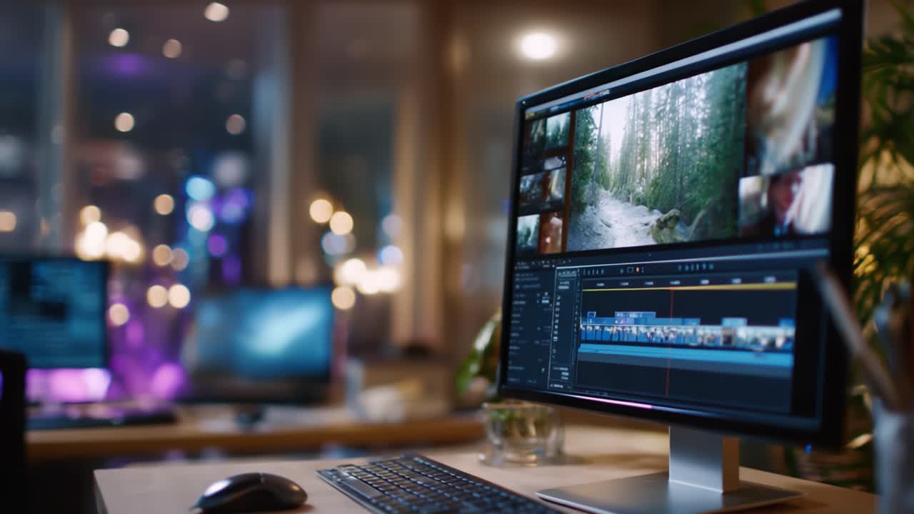 Editing Video in a Modern Workspace with Multiple Screens and a Computer Displaying Natural Footage of a Forest and Dynamic Interface Elements in Focus