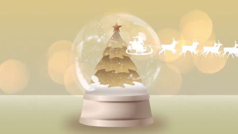 Animation-of-santa-claus-in-sleigh-with-reindeer-over-snow-globe-on-yellow-background