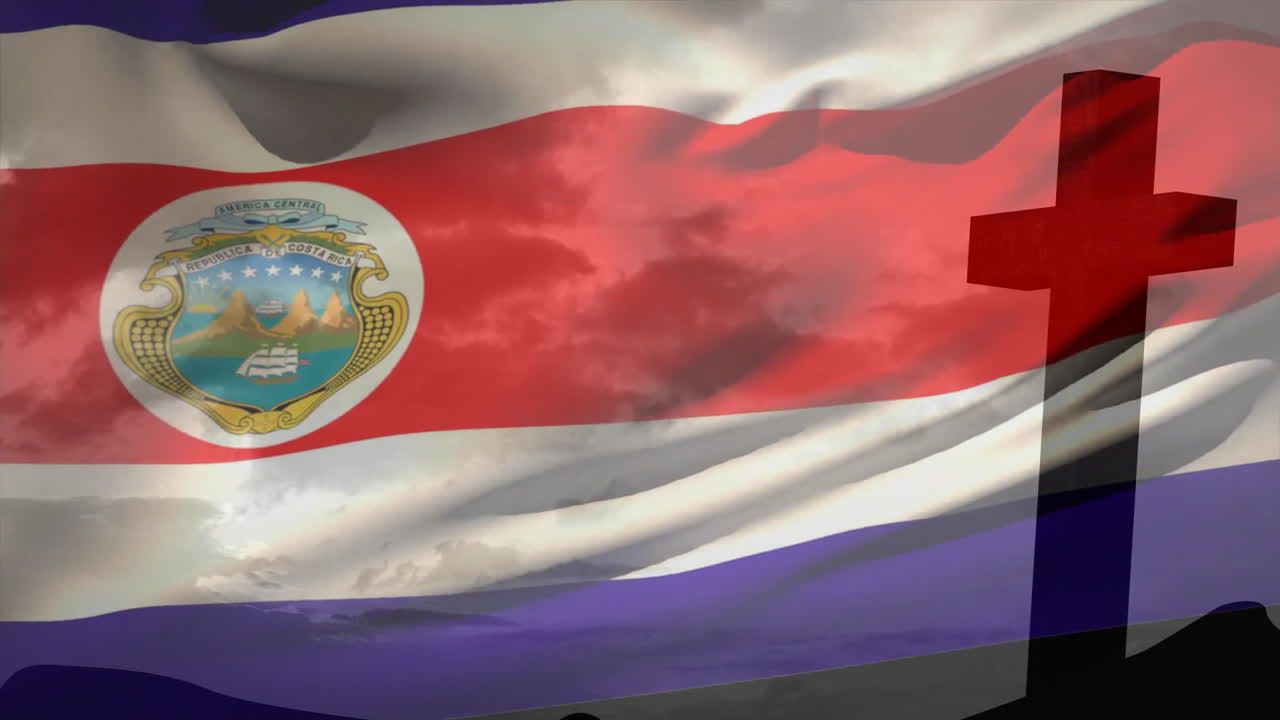 Waving Costa Rican flag with silhouette of cross against cloudy sky animation