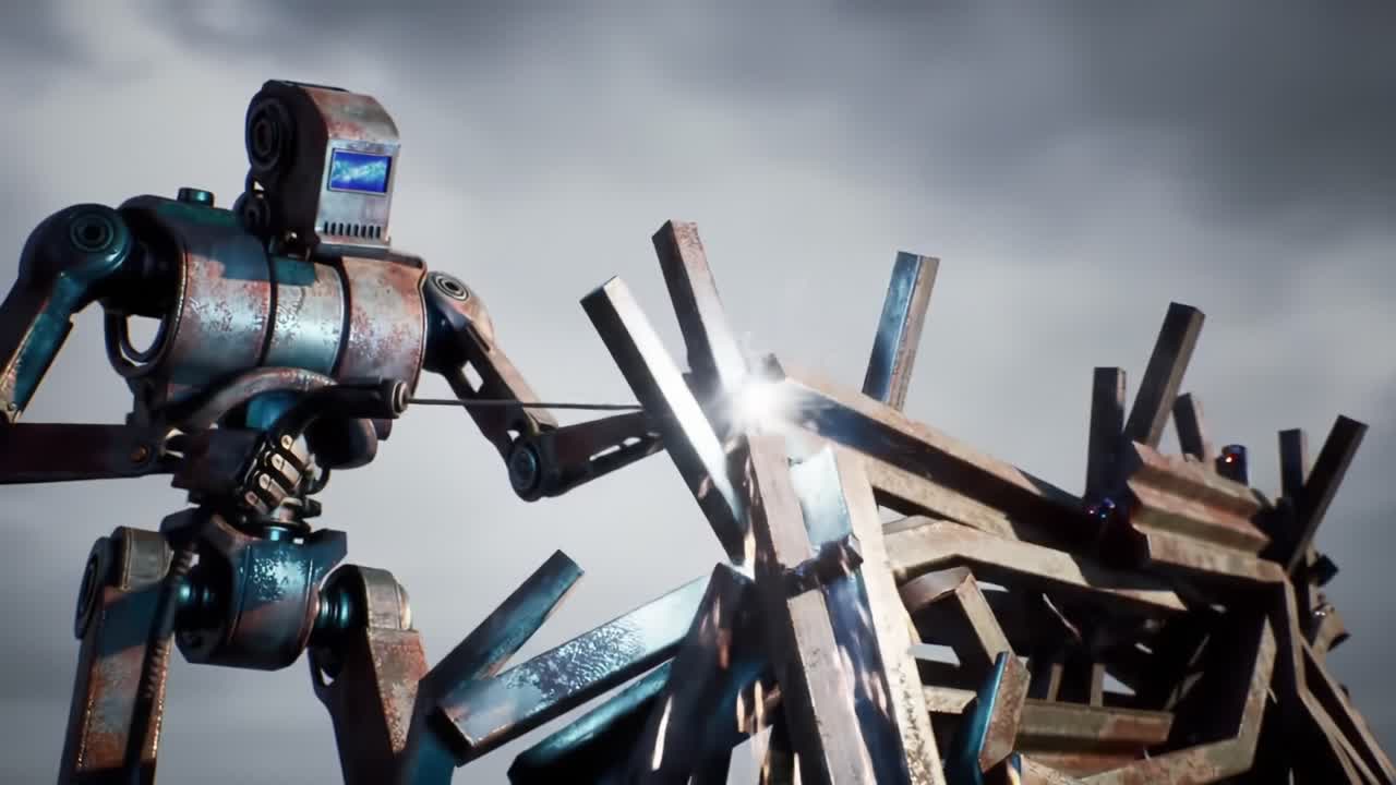 An industrious robot showcasing its mechanical prowess by reshaping wooden debris, surrounded by a dramatic sky and sparks of creativity, presents a unique scene of innovation