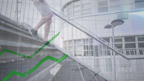 animation of multiple graphs with changing numbers, caucasian man running down stairs