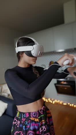 woman playing vr game in kitchen