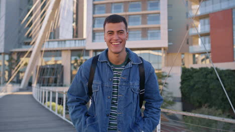 man smiling on a bridge in the city
