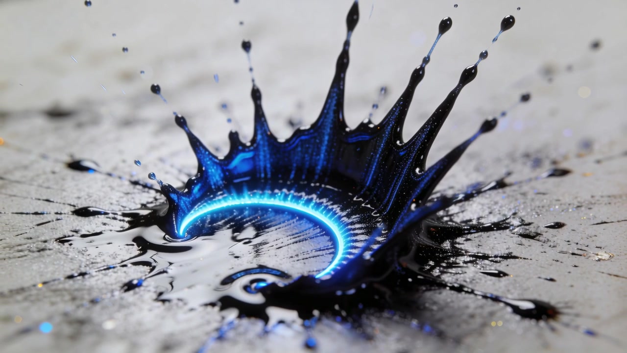 Goccia che impatta su una pozza nera lucida su un tavolo chiaro, formando punte a corona con una mezzaluna blu.