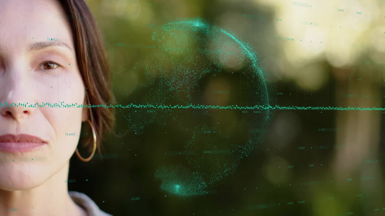 Mature woman shifting to smile in garden, causing teal waveform and halo intensifying for health
