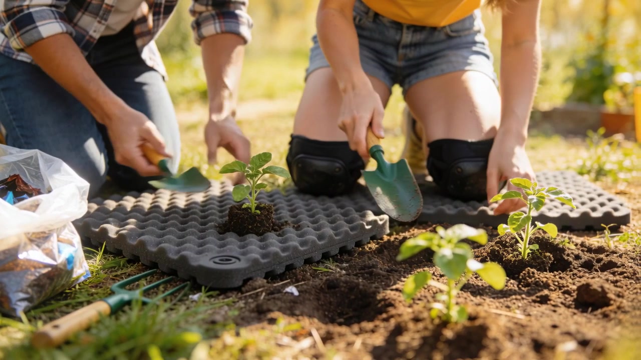 Ett par i rutig skjorta och gul topp planterar plantor efter att ha förberett en rabatt i trädgården med en grön trädgårdsspade.