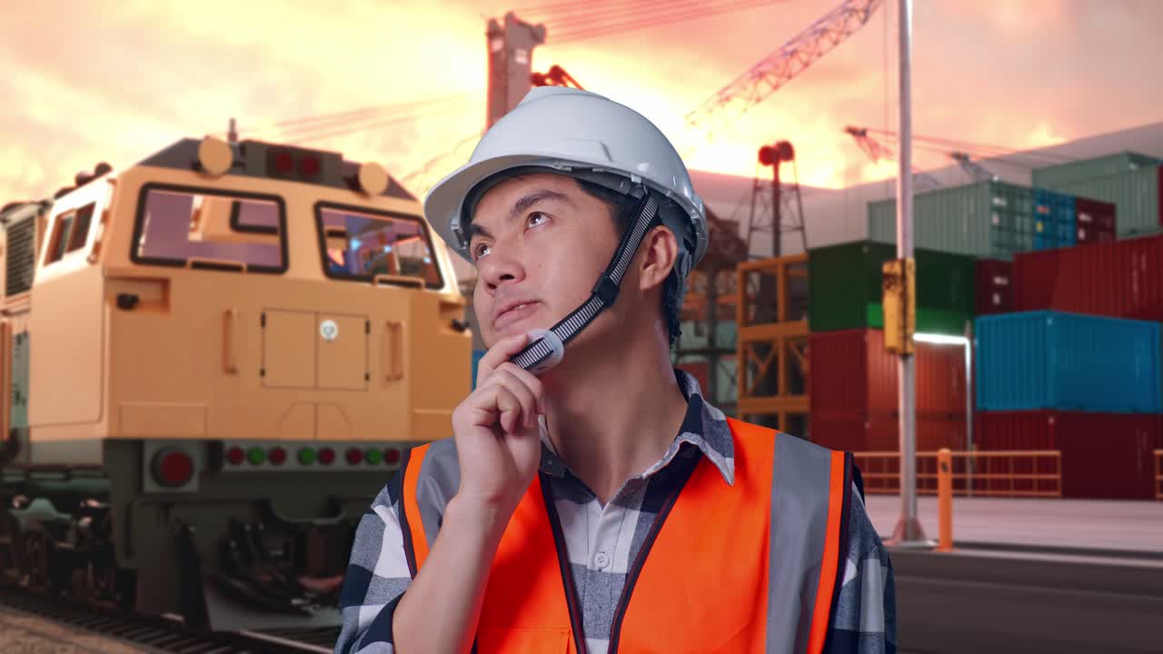 Close Up Of Asian Male Engineer With Safety Helmet Thinking About Something And Looking Around While Standing With Freight Cargo Train At Port